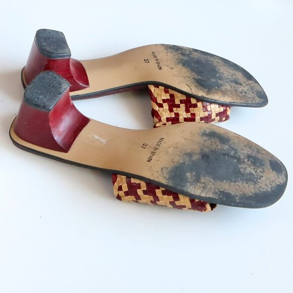 Handcrafted Burgundy Raffia Block Heel Mule Sandals Woven Boho Summer Shoes 7 - Picture 14 of 16